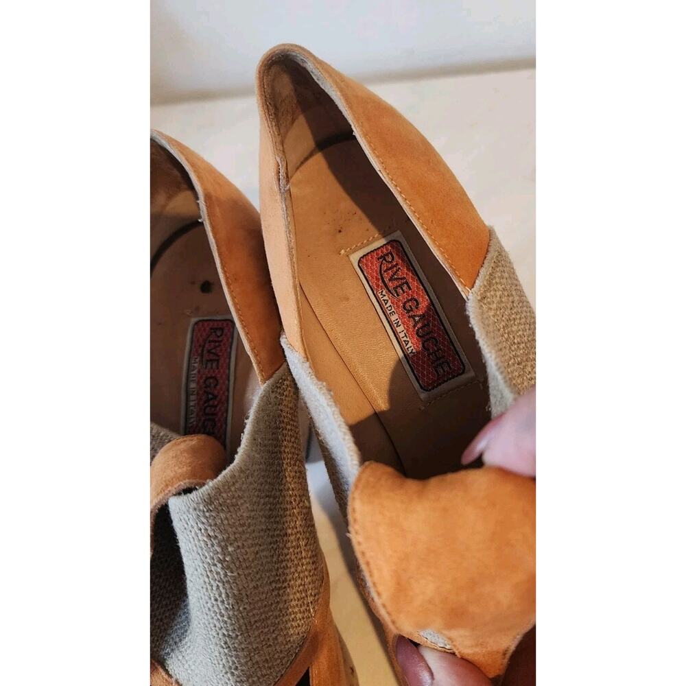 Rare Rive Gauche women Suede wedge Cork Platform Loafer Heels 38 made in Italy - Picture 6 of 9